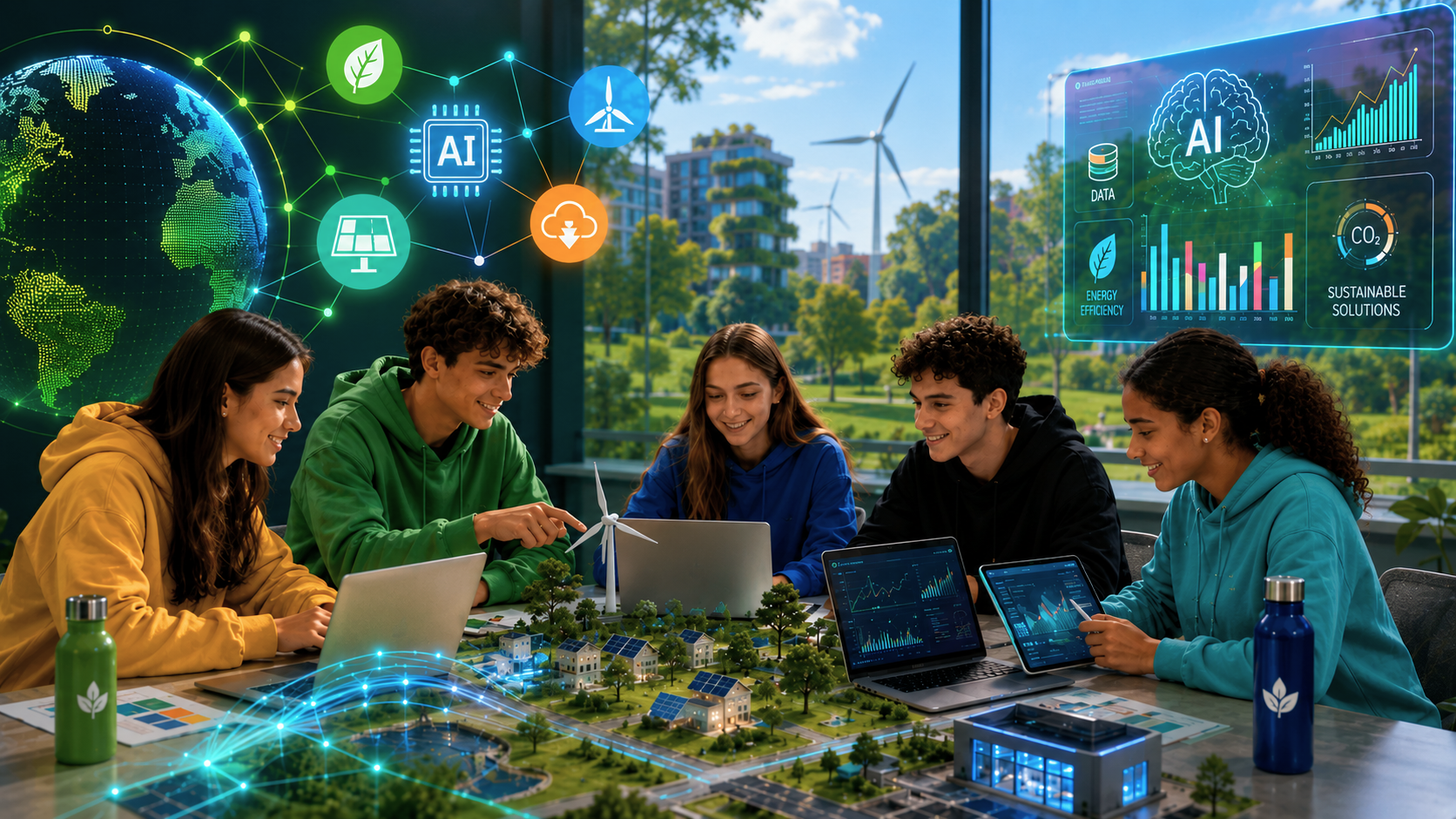 Študenti pracujúci na projekte o AI a udržateľnosti